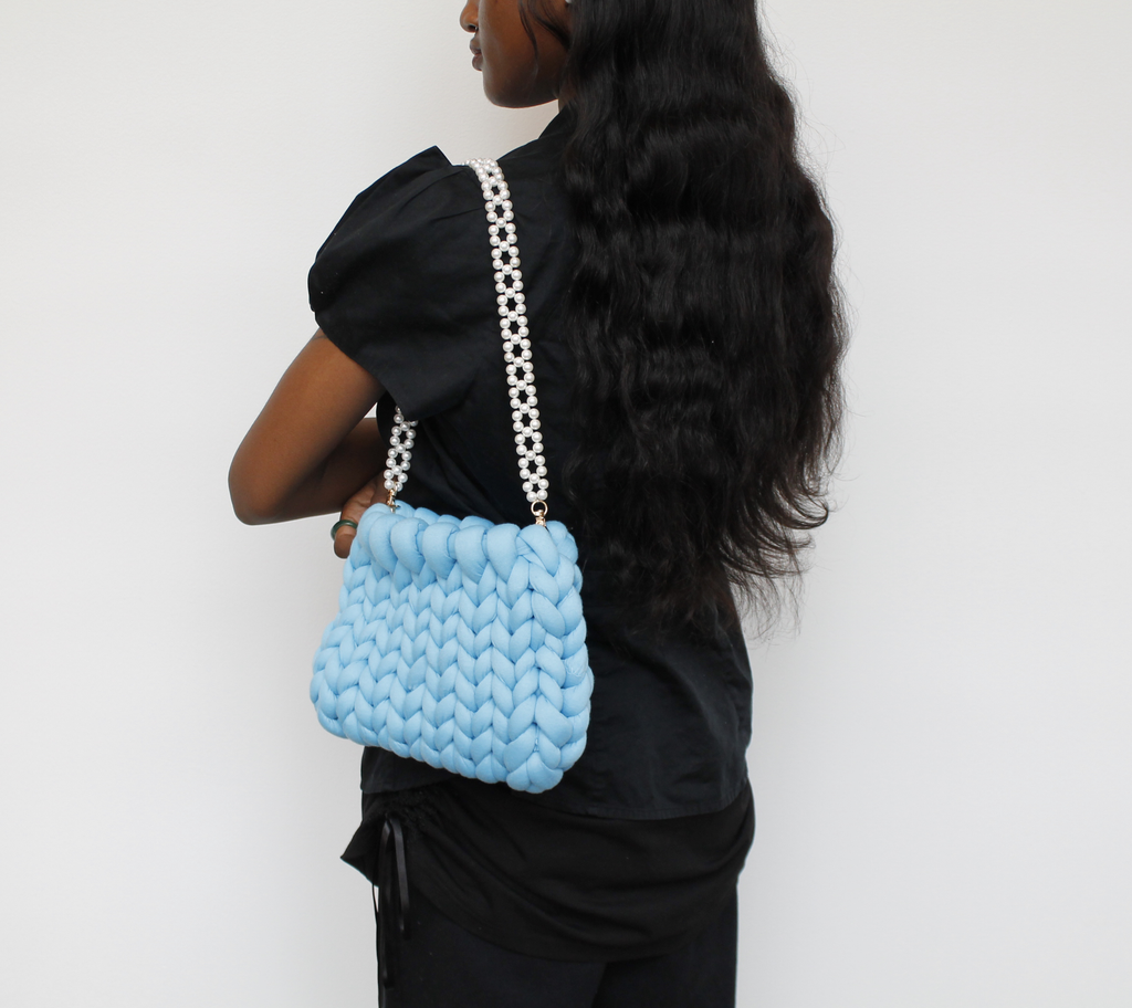 Nancy Lee: Sky Blue Dumpling Bag with Pearl Handle